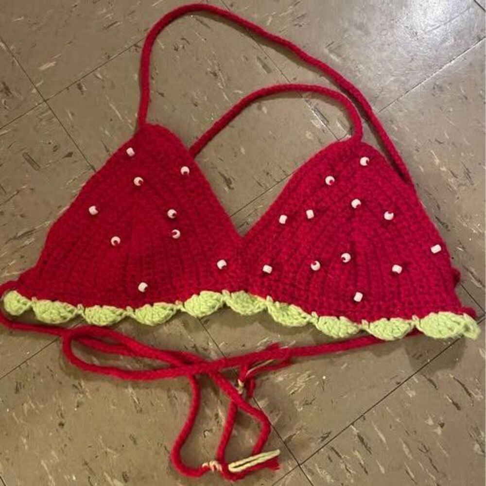 Handmade Crochet Red Strawberry with Seeds Bralette, Fruit Rave Top Outfit
